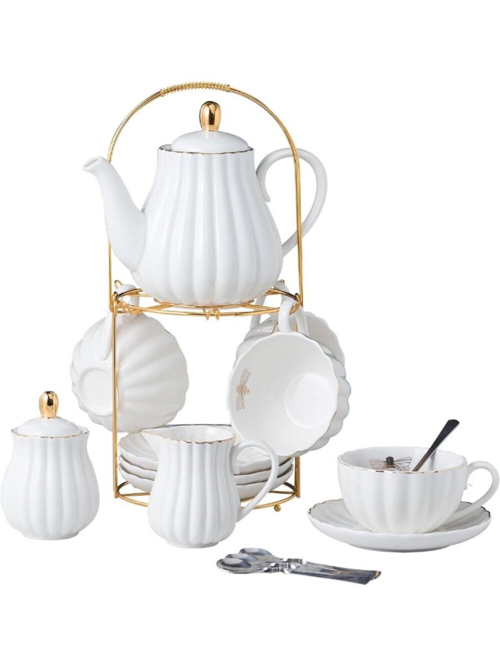 Elegant 8 oz Porcelain White Coffee & Tea Cup Set with Saucer & Holder - Perfect